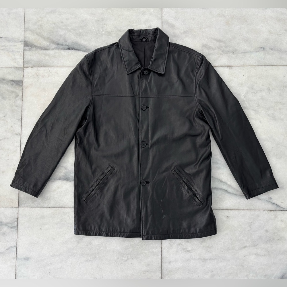 Vintage Alfani Leather Jacket Black Lined Collared Mens Large Minimalist Classic